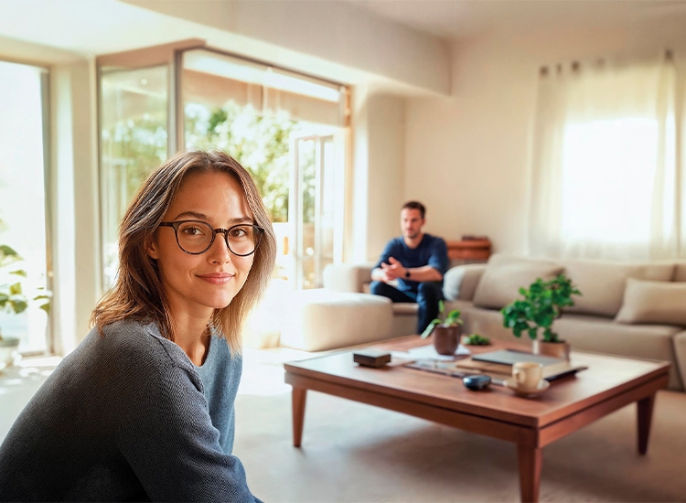 Une femme à lunettes dans le salon